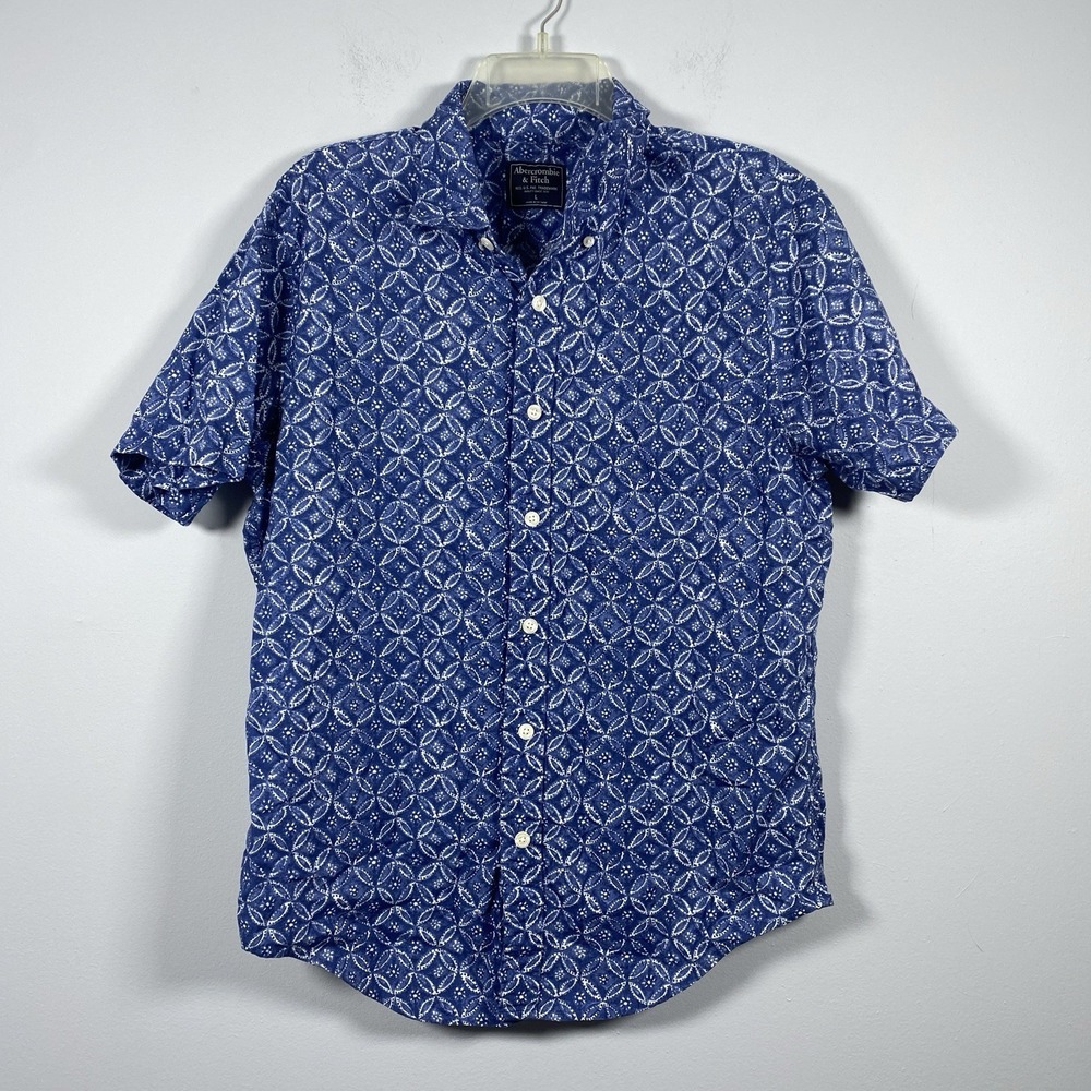 Abercrombie & Fitch Button Down Shirt Mens Large Blue Geometric Preppy Coastal